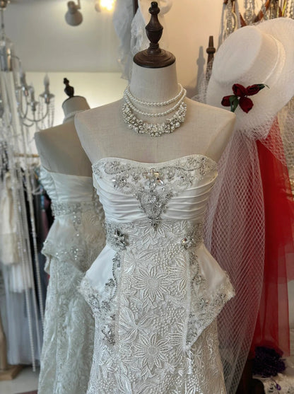 Vintage Heavy Beaded Large Lace Tube Top Wedding Dress with Train P2952