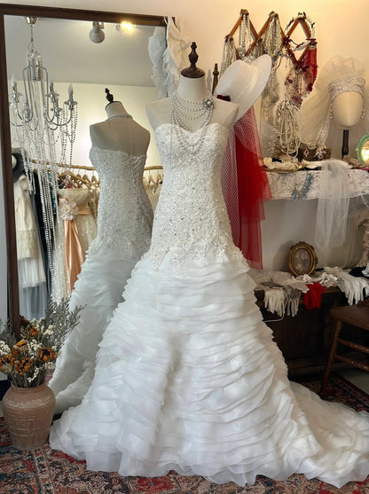 Elegant Slim Fit Tie Sweetheart Neck Lace Multi-layer Tulle Splicing Mermaid Trailing Wedding Dress P2953