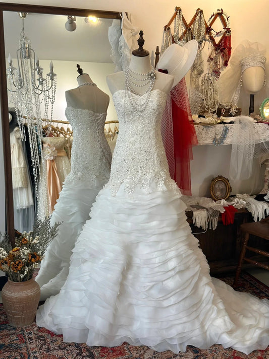 Elegant Slim Fit Tie Sweetheart Neck Lace Multi-layer Tulle Splicing Mermaid Trailing Wedding Dress P2953