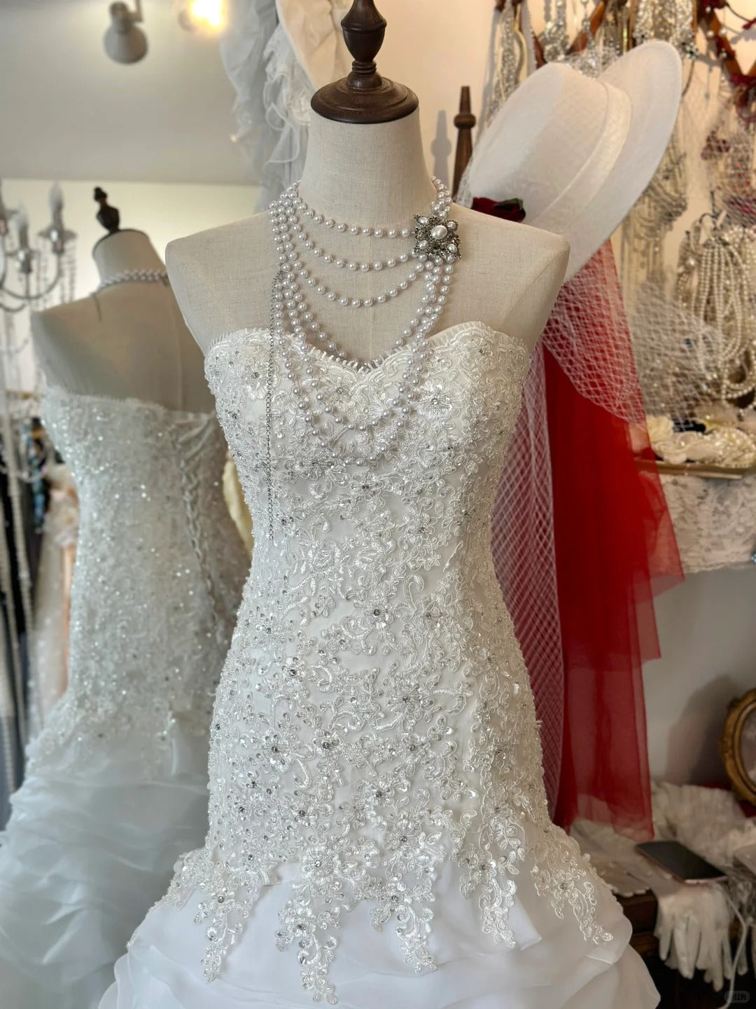 Elegant Slim Fit Tie Sweetheart Neck Lace Multi-layer Tulle Splicing Mermaid Trailing Wedding Dress P2953