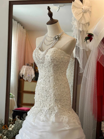 Elegant Slim Fit Tie Sweetheart Neck Lace Multi-layer Tulle Splicing Mermaid Trailing Wedding Dress P2953