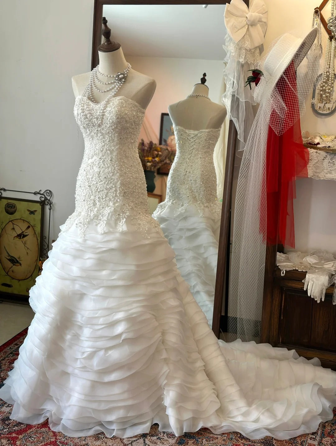 Elegant Slim Fit Tie Sweetheart Neck Lace Multi-layer Tulle Splicing Mermaid Trailing Wedding Dress P2953