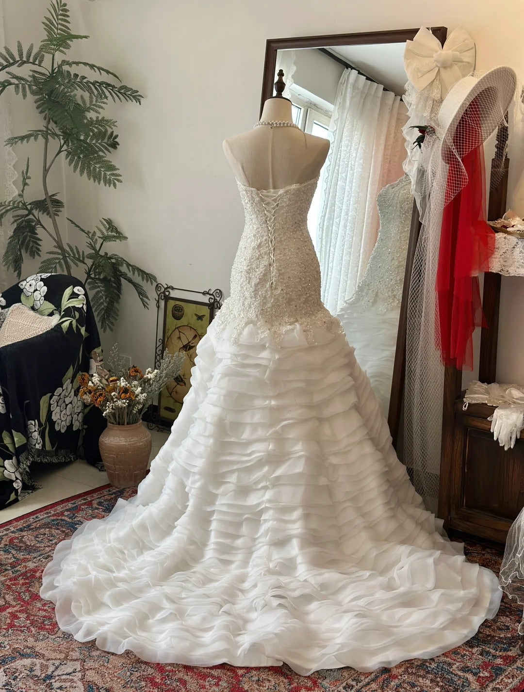 Elegant Slim Fit Tie Sweetheart Neck Lace Multi-layer Tulle Splicing Mermaid Trailing Wedding Dress P2953