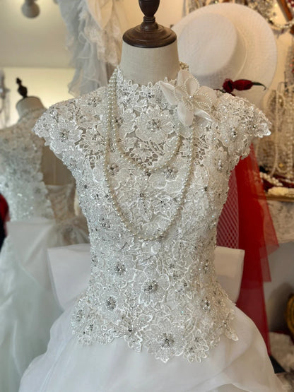 Retro Elegant Heavy Beaded Lace Tulle Splicing Shoulder-Wrap Trailing Wedding Dress P2955