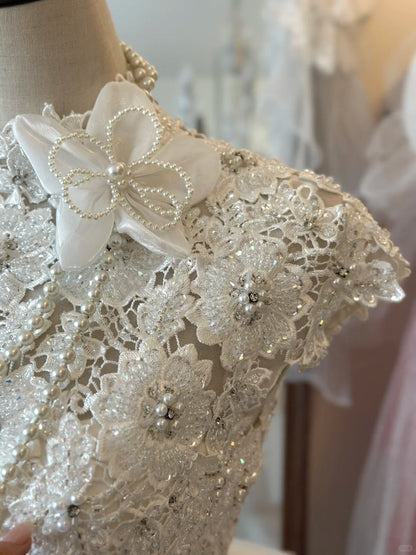 Retro Elegant Heavy Beaded Lace Tulle Splicing Shoulder-Wrap Trailing Wedding Dress P2955