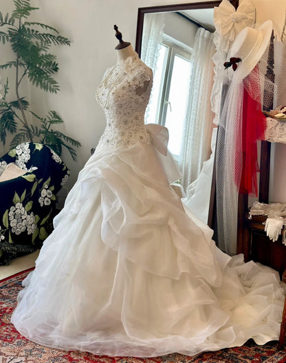 Retro Elegant Heavy Beaded Lace Tulle Splicing Shoulder-Wrap Trailing Wedding Dress P2955