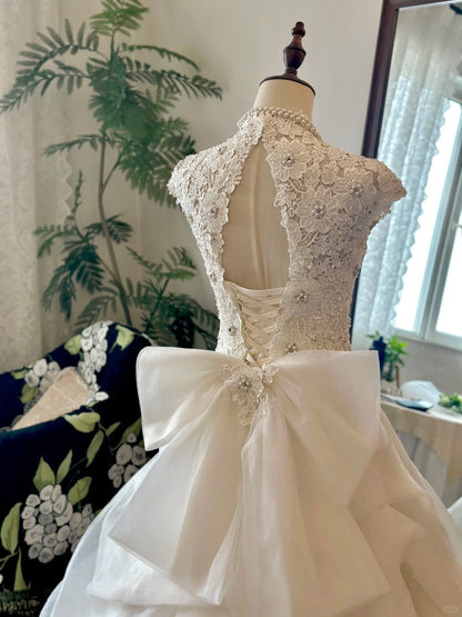 Retro Elegant Heavy Beaded Lace Tulle Splicing Shoulder-Wrap Trailing Wedding Dress P2955