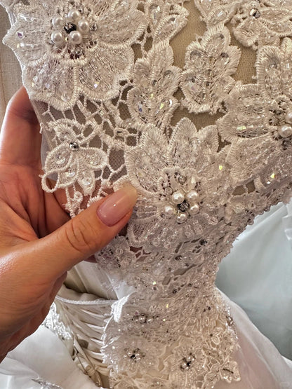 Retro Elegant Heavy Beaded Lace Tulle Splicing Shoulder-Wrap Trailing Wedding Dress P2955