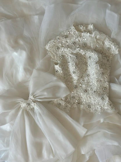 Retro Elegant Heavy Beaded Lace Tulle Splicing Shoulder-Wrap Trailing Wedding Dress P2955