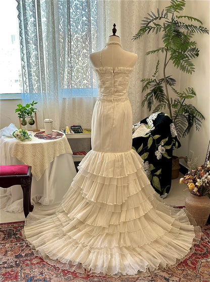 Retro Elegant Strapless Layered Tulle Mermaid Train Wedding Dress P2956