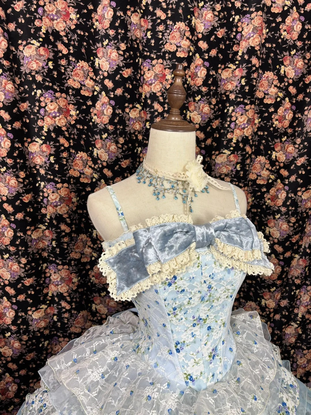 Princess sweet light blue cake skirt print layered trailing wedding dress P2961