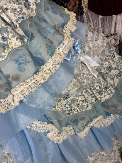 Princess sweet light blue cake skirt print layered trailing wedding dress P2961