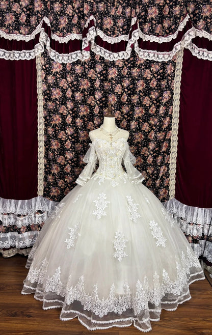 Flowing One Shoulder Fairy Sleeve Fishbone Mesh A-Line Floor-Length Wedding Dress P2962