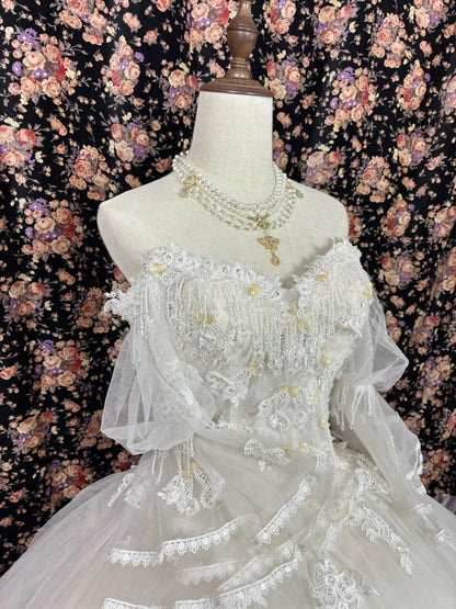 Flowing One Shoulder Fairy Sleeve Fishbone Mesh A-Line Floor-Length Wedding Dress P2962