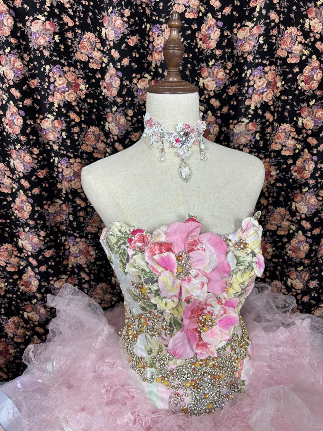 Vintage Pink Strapless Printed Layered Tulle Lace Trim Puffy Wedding Dress P2968