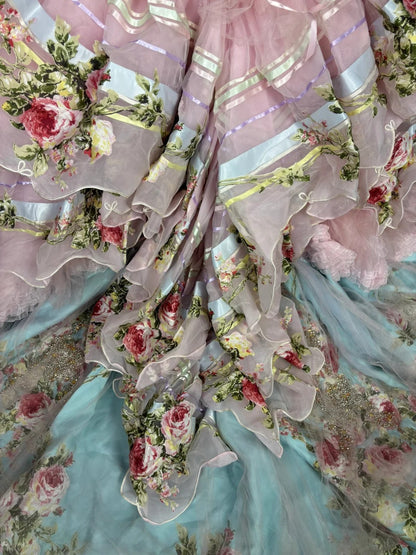 Vintage Pink Strapless Printed Layered Tulle Lace Trim Puffy Wedding Dress P2968