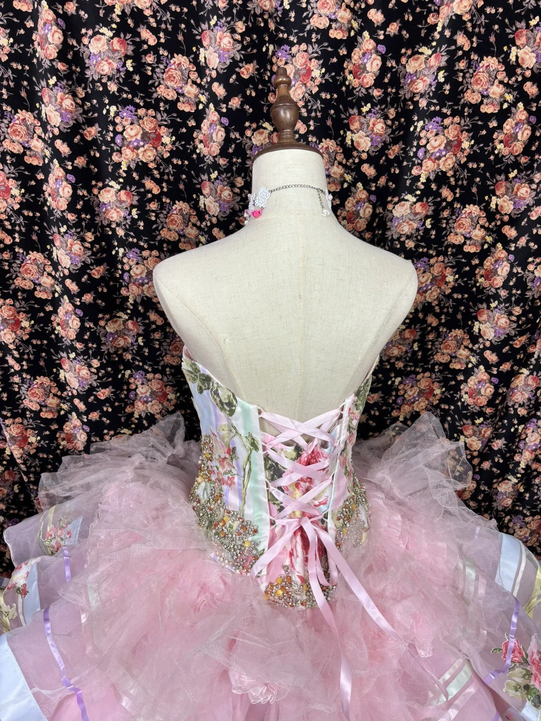 Vintage Pink Strapless Printed Layered Tulle Lace Trim Puffy Wedding Dress P2968