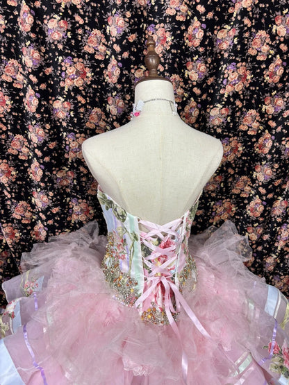 Vintage Pink Strapless Printed Layered Tulle Lace Trim Puffy Wedding Dress P2968