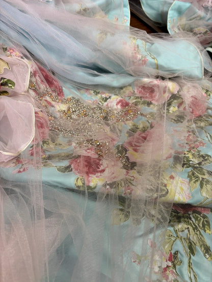 Vintage Pink Strapless Printed Layered Tulle Lace Trim Puffy Wedding Dress P2968