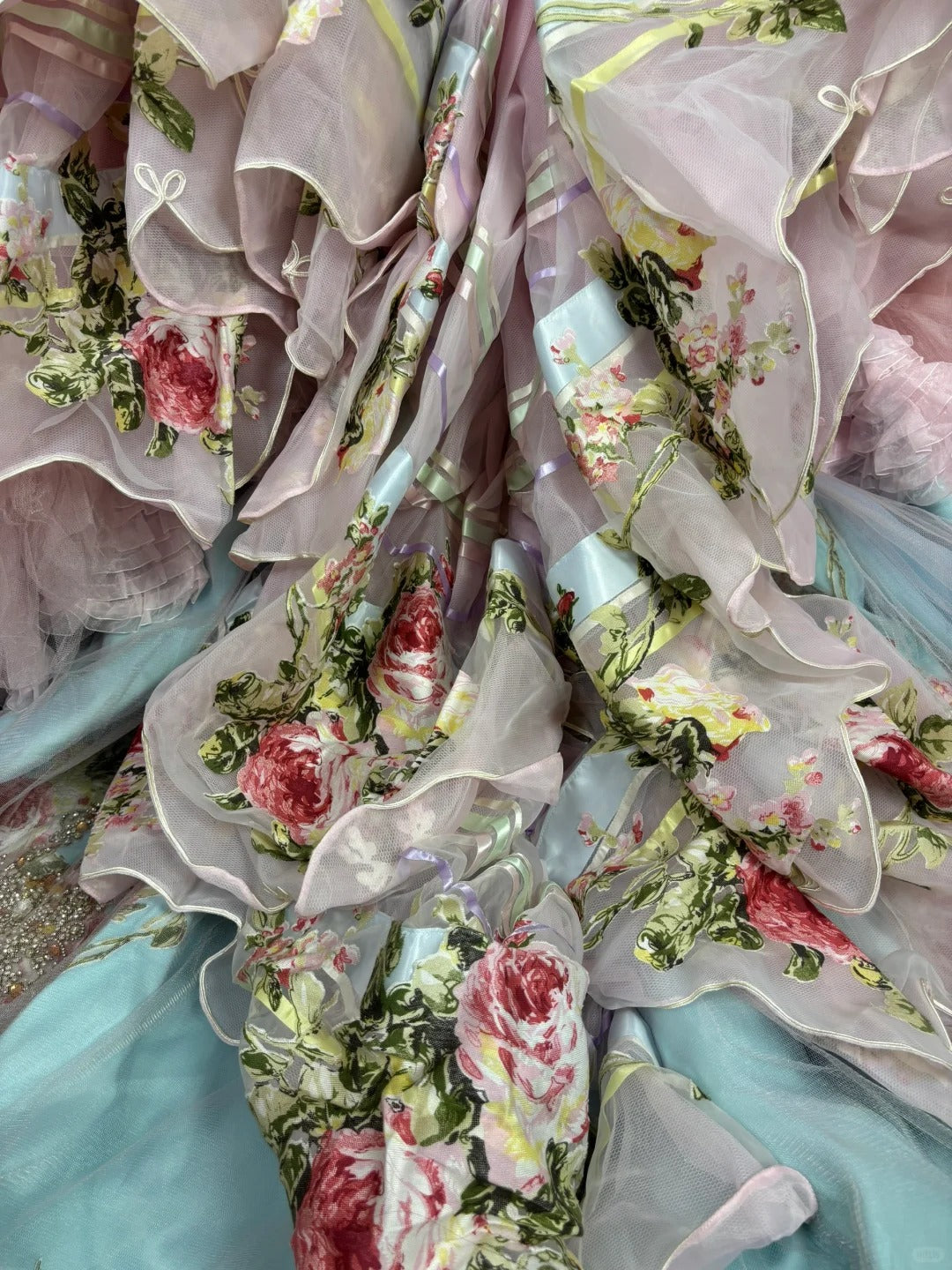 Vintage Pink Strapless Printed Layered Tulle Lace Trim Puffy Wedding Dress P2968