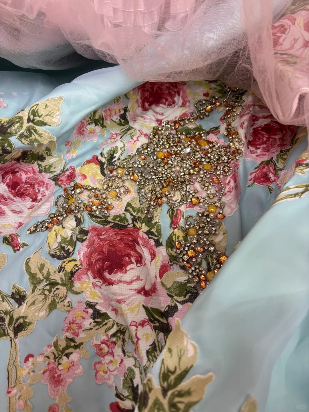 Vintage Pink Strapless Printed Layered Tulle Lace Trim Puffy Wedding Dress P2968