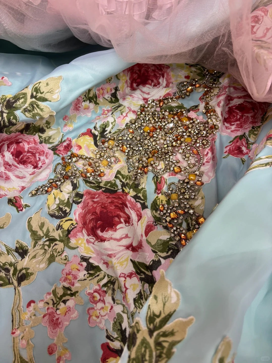 Vintage Pink Strapless Printed Layered Tulle Lace Trim Puffy Wedding Dress P2968