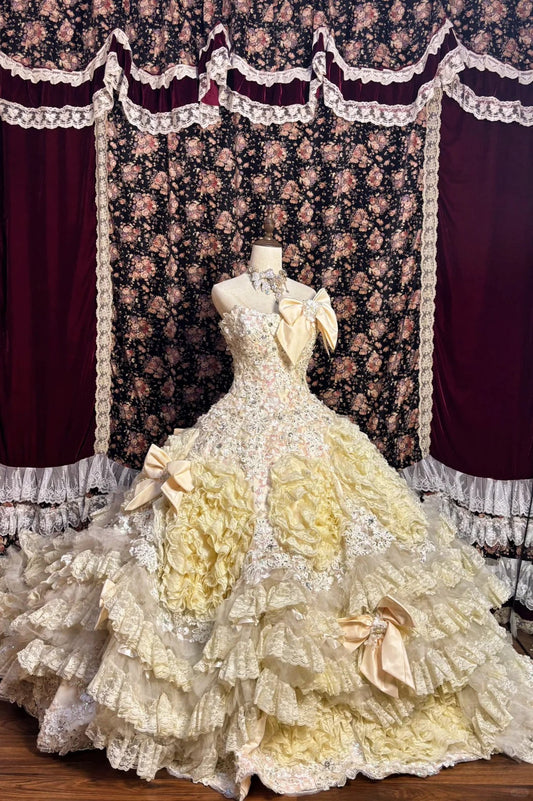 Retro light yellow tube top bow beaded lace princess trailing wedding dress P2969