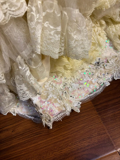 Retro light yellow tube top bow beaded lace princess trailing wedding dress P2969