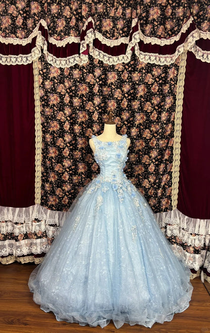 Dreamy water blue shoulder strap lace patchwork flower retro floor-length wedding dress P2973