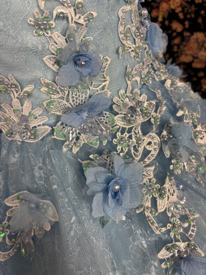 Dreamy water blue shoulder strap lace patchwork flower retro floor-length wedding dress P2973