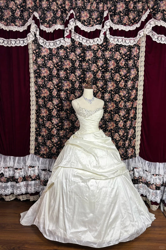 Simple One Shoulder Rhinestone White Satin Floor-Length Wedding Dress P2974