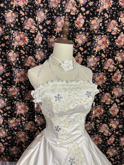 Retro cute strapless satin back strappy train wedding dress P2975