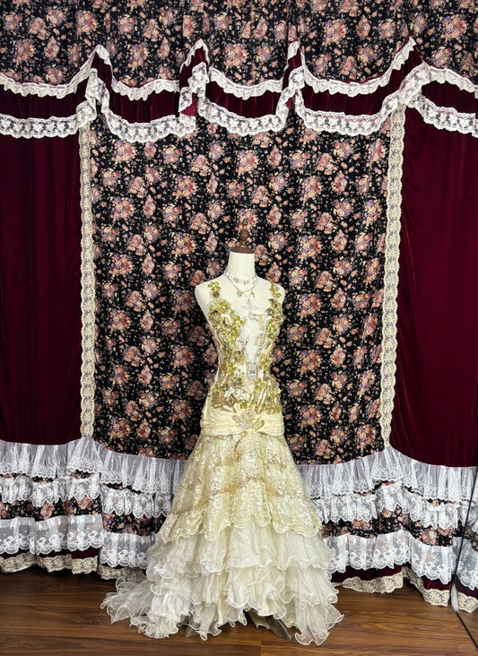 Special light yellow 3D flower high fishtail cake skirt wedding dress P2976