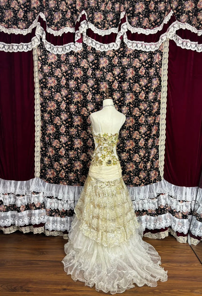 Special light yellow 3D flower high fishtail cake skirt wedding dress P2976