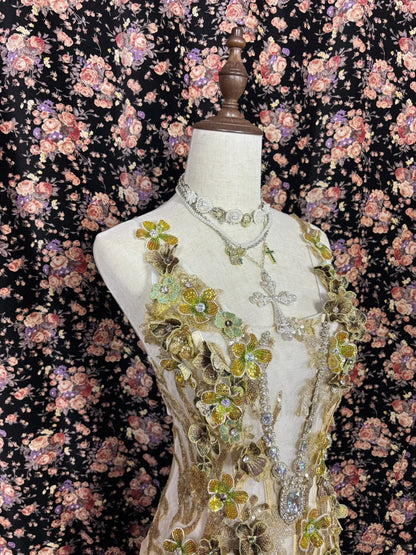 Special light yellow 3D flower high fishtail cake skirt wedding dress P2976