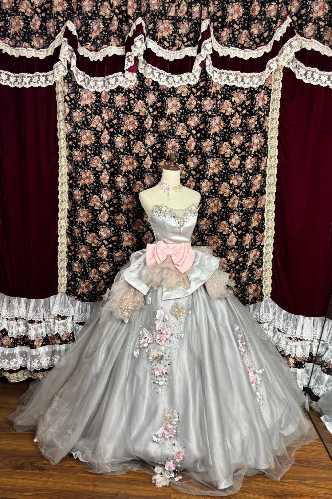 Dusty Pink Princess Bow 3D Flower Satin Wedding Dress P2977