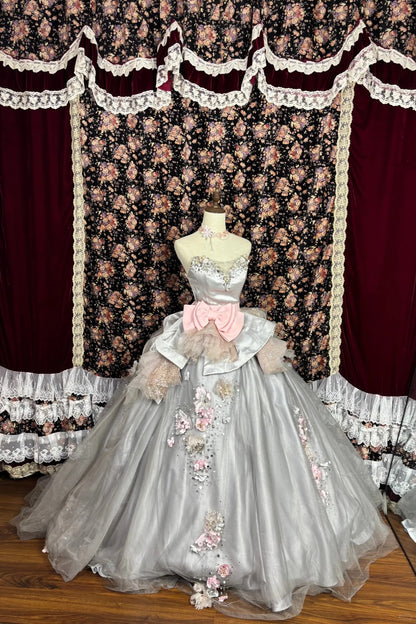 Dusty Pink Princess Bow 3D Flower Satin Wedding Dress P2977