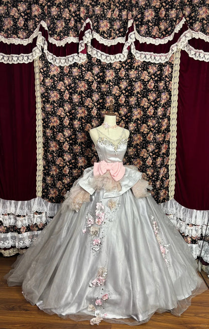 Dusty Pink Princess Bow 3D Flower Satin Wedding Dress P2977