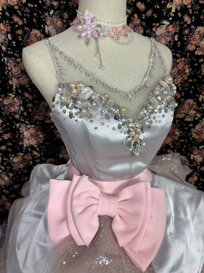 Dusty Pink Princess Bow 3D Flower Satin Wedding Dress P2977