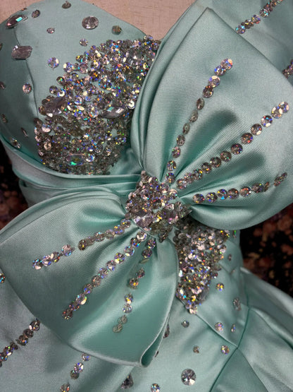Beautiful mint green thick satin A-line wedding dress with big bow P2980