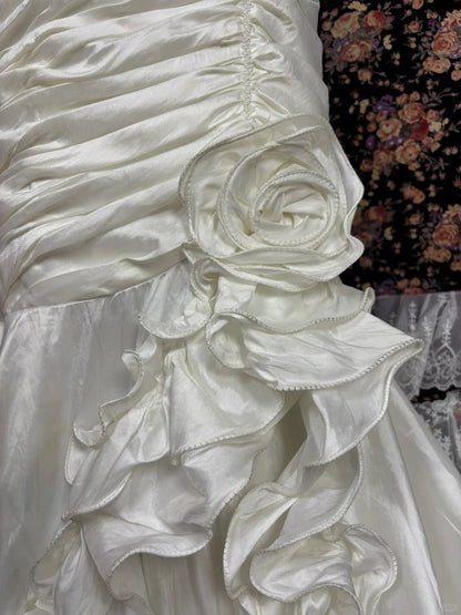 Elegant White Strapless Tassel Satin Ruffled Mermaid Wedding Dress P2982