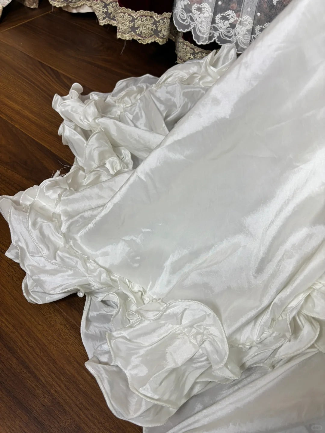 Elegant White Strapless Tassel Satin Ruffled Mermaid Wedding Dress P2982