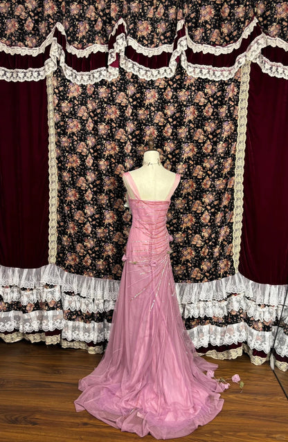 Vintage pink handmade large flower millet beads and sequined mermaid wedding dress P2984