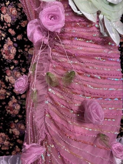 Vintage pink handmade large flower millet beads and sequined mermaid wedding dress P2984