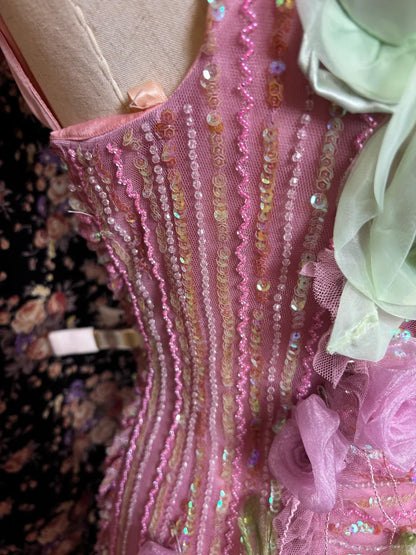 Vintage pink handmade large flower millet beads and sequined mermaid wedding dress P2984