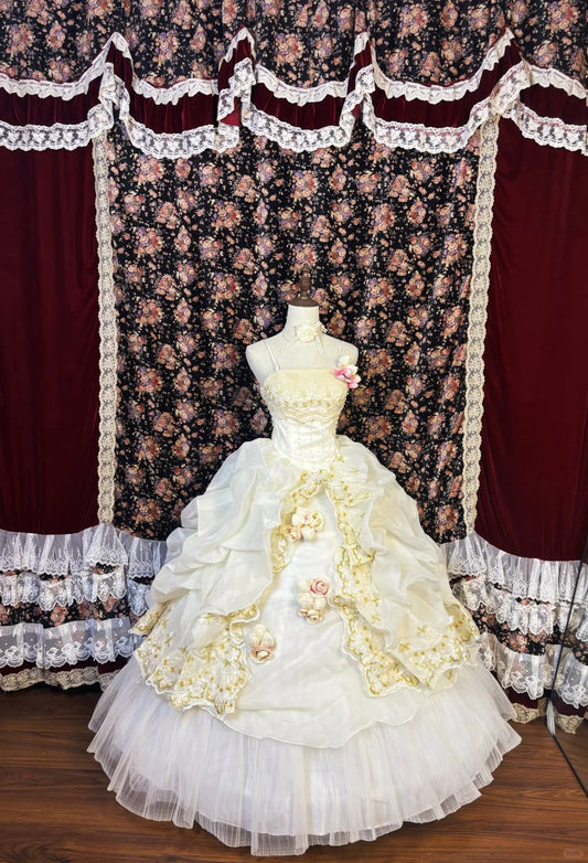 Retro fantasy shoulder strap beaded three-dimensional flower fluffy princess wedding dress P2987