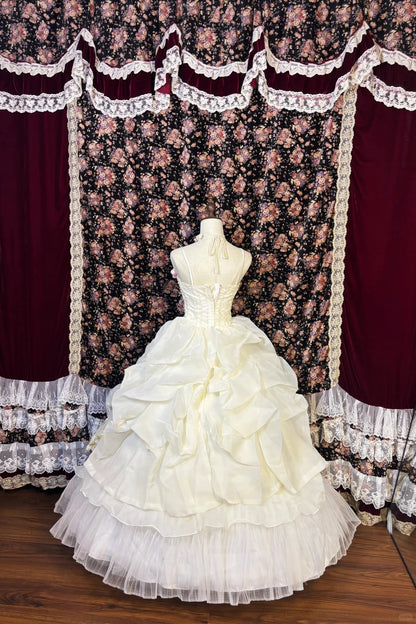 Retro fantasy shoulder strap beaded three-dimensional flower fluffy princess wedding dress P2987