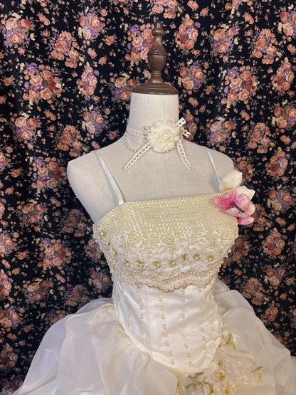 Retro fantasy shoulder strap beaded three-dimensional flower fluffy princess wedding dress P2987