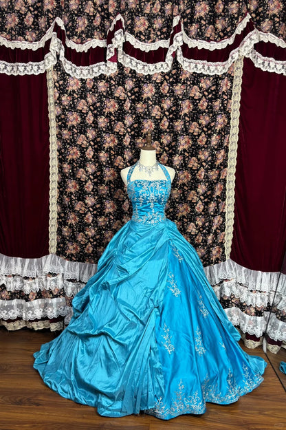 French retro blue halter neck heavy embroidery and beaded satin wedding dress with train P2988