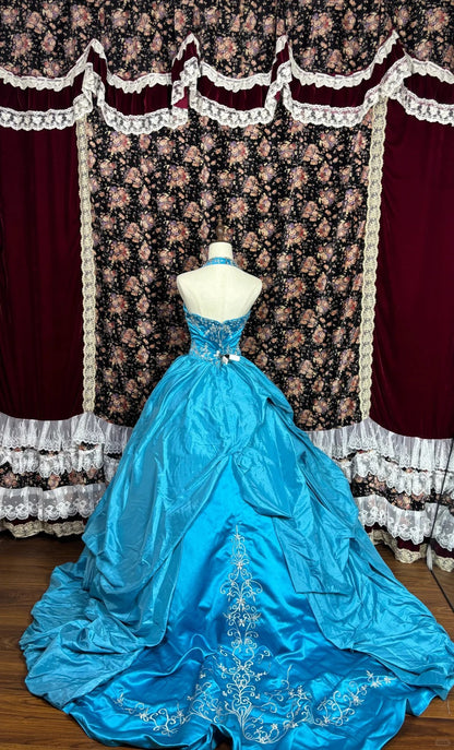 French retro blue halter neck heavy embroidery and beaded satin wedding dress with train P2988